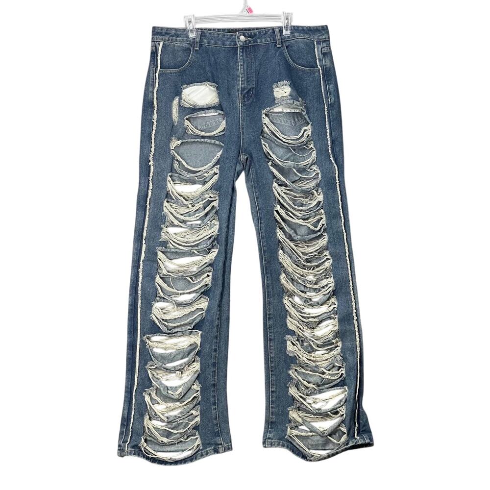 Distressed Denim Y2K‎ Grunge Shredded Ripped Boyfriend Jeans Sz 16 38/31 Trashed